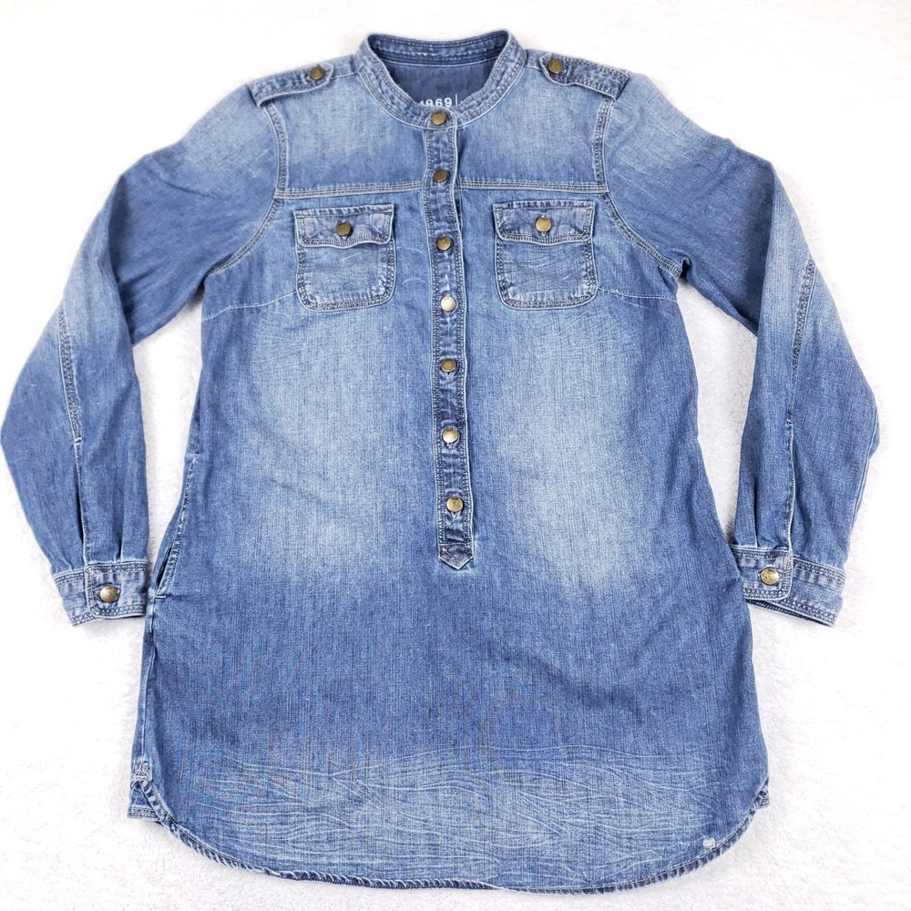Gap 1969 Denim Tunic Top Medium Wash Chambray Band Collar Pockets M Western